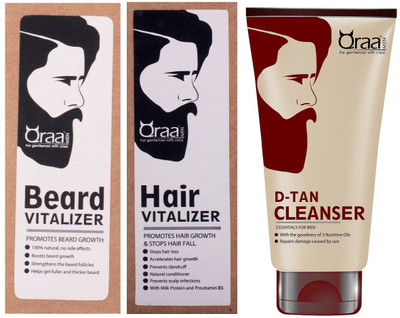 Qraa Beard vitalizer 30ml+Hair Vitalizer 60ml+De Tan cleanser 100gm(Set of 3)