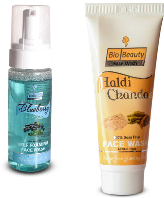 

BioBeauty Blue Berry Mint Self Faoming Facw Wash Glowing&Soft And Haldi Chandan 100% Soap Free AcneFree Glowing Face Wash All Type Skin(Set of 2)