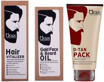 

Qraa Hair vitalizer 60ml+Gold face and Beard oil 30ml+De Tan Pack 120gm(Set of 3)