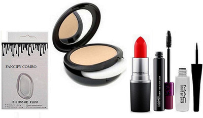

FANCIFY COMBO Silicon puff, mac compact ,lipstick,Eyeliner&Mascara(Set of 5)