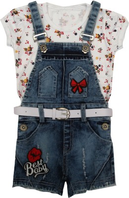 ZADMUS Dungaree For Girls Party Embroidered, Floral Print Cotton Blend(Red, Pack of 1)