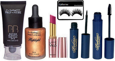 

catherine Eyelashes, Mac prep+prime BB cream, highlighter, padma eyeliner & Mascara, lakme 9to5 lipstick(Set of 6)