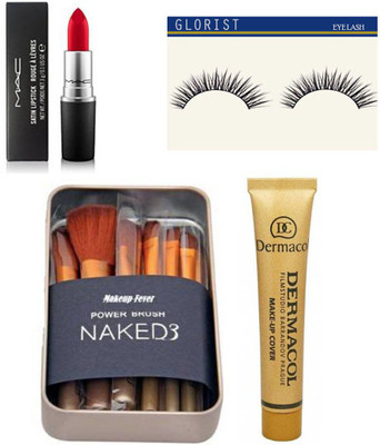 

glorist eyelash and Naked3 Brush Set | Dermacol foundation makeup cover foundation 208 | Mac Red Lipstick(Set of 4)