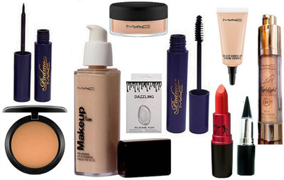 

DAZZLING Silicon Puff & MAkeup Pro LOngwear Foundation & Mac Compect & Padma Eyeliner & Mascara & Lady Gaga Lipstick & Select Cover-up & Stick Kajal & Loose Powder & Highlighter(Set of 10)