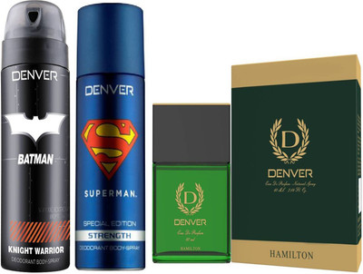 

Denver Batman Knight Warrior Deo 150 Ml + Hamilton Perfume Eau de Parfum - 60 ml (For Men) + Superman Strength Deo 150 Ml(Set of 3)