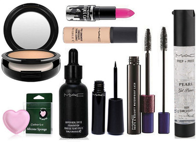 

CATHERINE Silicon Puff With Mac Studio Fix Compact & Hyper Real Foundation,Liquid Eyeliner And Mascara,Brooke Candy Lipstick,Pro longwear Concealer,Pearl gel Primer(Set of 8)