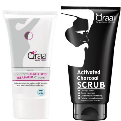 

Qraa Lacto Underarm Black spot Treatment cream 50gm+Activated charcoal scrub 100gm(Set of 2)