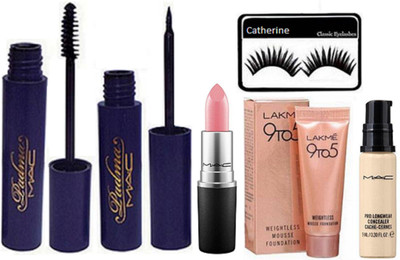 

catherine eyelashes, Mac padme eyeliner and mascara with finish matte lipstick, pro long wear concealer, lakme 9to5 mousse foundation(Set of 6)