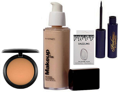

DAZZLING Silicon Puff & Makeup Pro Longwear Foundation & Mac Compect & Padma Eyeliner(Set of 4)