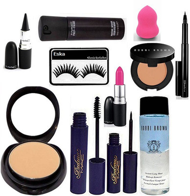 

Eska Eyelashes, Mac Compact, Padma Mascara, Eyeliner, Lipstick, Stick Kajal, Face Serum,Pen Liner & Bobbi brown Liquid Makeup Remover, Concealer, Sponge Puff(Set of 12)