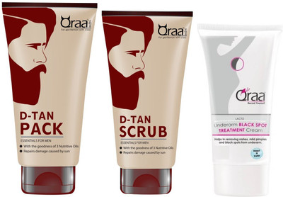 Qraa De tan Pack 120gm + De Tan Scrub 100gm + Lacto Underarm Black spot Treatment cream 50gm(Set of 3)