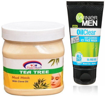 

Pink Root TEA TREE MUD MASK 500G WITH GARNIER OIL CLEAR FACEWASH(Set of 2)