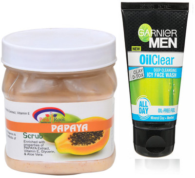 

Pink Root PAPAYA SCRUB 500G WITH GARNIER OIL CLEAR FACEWASH(Set of 2)