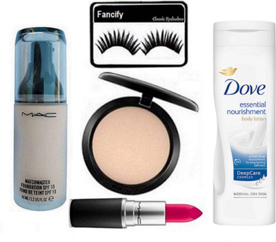 

Fancify combo Eyelashes,Mac Match Master Foundation SPF 15,Studio Fix Compact,Lipstick & Dove Essential Nourishment Body lotion(set of 5)(Set of 5)