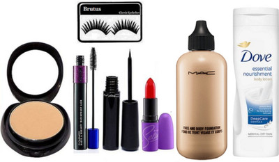 

BRUTUS Eyelashes, Mac Two way Compact, Face & Body Foundation, Liquid Eyeliner, Haute & Naughty Mascara And Selena Lipstick, dove essential nourishment body lotion(Set of 7)