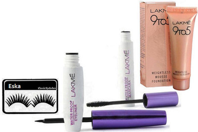 

eska Eyelashes And Lakme 9to5 Mousse Foundation 6g. With Liquid Eyeliner And Mascara(Set of 4)
