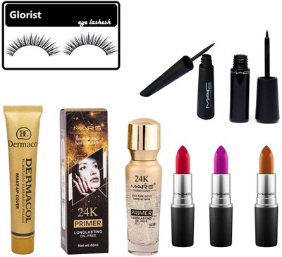 

GLORIST Eyelash With & Dermacol ,prep+prime and mascara,eyeliner with long lasting matte lipstick 3(Set of 8)