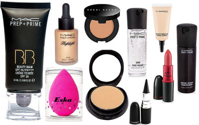 

Eska Sponge Puff, Mac Prep=Prime BB Beauty Balm Foundation,Compact, Prep+PRime Highlight,Face Primer,Stick Kajal,Lady gaga Lipstick,Select Cover-Up, Face Serum & Bobbi Brown Concealer(Set of 10)