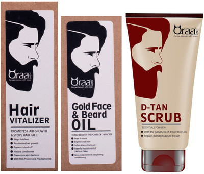 

Qraa Hair Vitalizer 60ml+Gold face and Beard Oil 30ml+De Tan scrub 100gm(Set of 3)