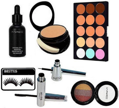

BRUTUS Eyelashes, Mac 15 shades Concealer Palette, Two Way compact, 3 Shades Eyeshadow, Hyper Real Foundation, Brooke Candy Eyeliner & Mascara(Set of 7)