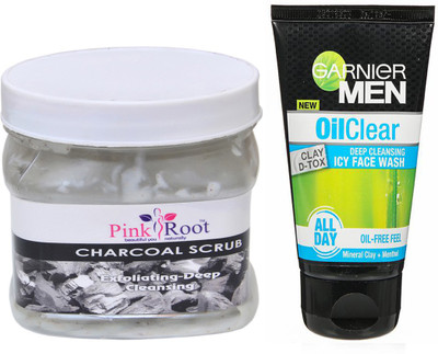 

Pink Root CHARCOAL SCRUB 500G WITH GARNIER OIL CLEAR FACEWASH(Set of 2)