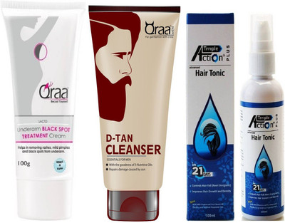 

Qraa Lacto Underarm Black spot Treatment cream 100gm+De tan Cleanser 100gm+Tripple Action Advanced hair tonic 100ml(Set of 3)
