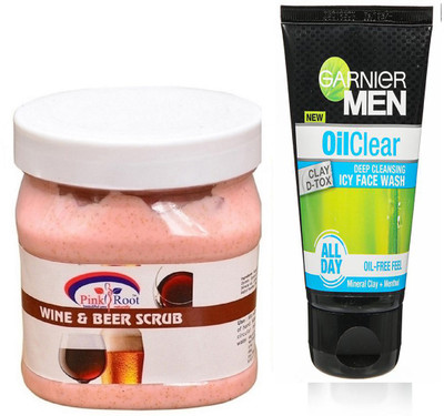 

Pink Root WINE AND BEER SCRUB 500G WITH GARNIER OIL CLEAR FACEWASH(Set of 2)