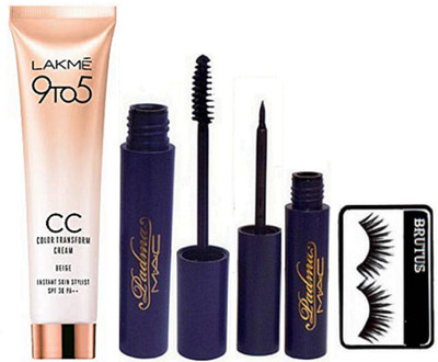 

BRUTUS Eyelashes, Mac padma Eyeliner & Mascara, Lakme 9to5 CC Color Transform Cream(Set of 4)