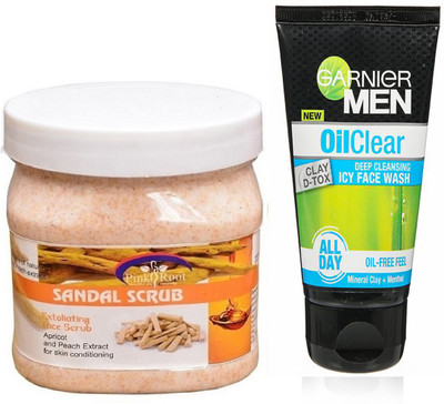 

Pink Root SANDAL SCRUB 500G WITH GARNIER OIL CLEAR FACEWASH(Set of 2)