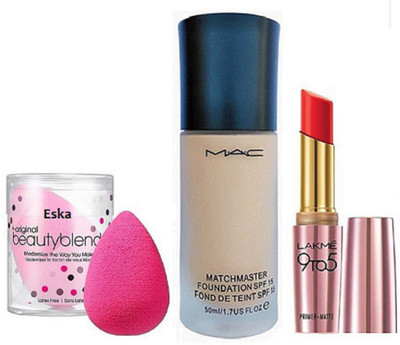 

eska Sponge puff & mac MatchMaster Foundation with 9 to 5 long lasting lipstick(Set of 3)