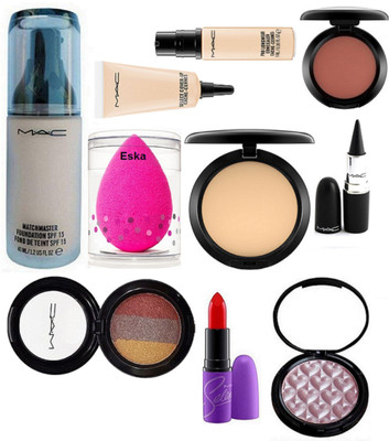 

Eska sponge Puff, Mac MatchMaster Foundation SPF 15, Compact,Select Coverup, Pro Longwear Concealer, Blusher,Stick Kajal, 3 Color EyeShadow, Selena Lipstick, Illuminator(Set of 10)