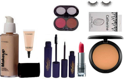 

catherine silicon puff, Mac makeup foundation, select coverup concealer, padma eyeliner & Mascara, enrich lipstick, compact, 2 shade blusher with eyelashes(Set of 9)