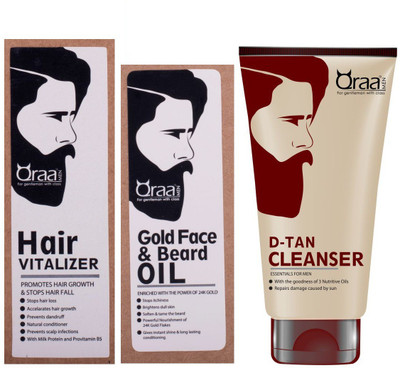

Qraa Hair vitalizer 60ml+Gold face and Beard oil 30ml+ De tan cleanser 100gm(Set of 3)