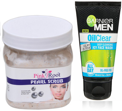 

Pink Root PEARL SCRUB 500G WITH GARNIER OIL CLEAR FACEWASH(Set of 2)