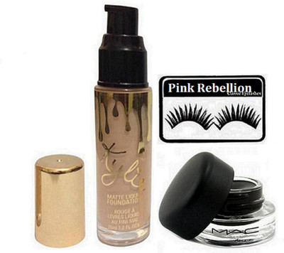 

Pink rebellion Eyelashes & Gel Eyeliner & Kylie Matte Liquid Foundation(Set of 3)