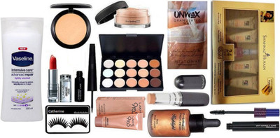 

catherine eyelashes, mac 15 shade eyeshadow palette, loose powder, compact, stick concealer, haute and naughty double effect mascara, waterproof mascara, prep+prime highlighter, lakme enrich lipstick, 9to5 weightless mousse foundation, unwax granulated wa