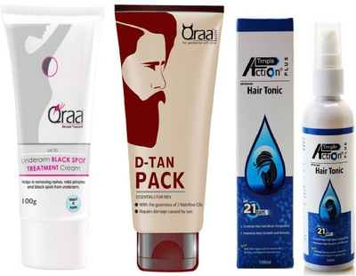 

Qraa Lacto Underarm Black spot Treatment cream 100gm+De tan Pack 120gm+Tripple Action Advanced hair tonic 100ml(Set of 3)