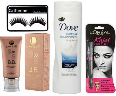 

catherine Eyelashes With 9to5 Bright Benefit Cream & Dove Essential nourishment Body Lotion & With Magique Kaj.(Set of 4)