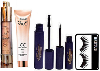 

BRUTUS Eyelashes, Mac Prep+prime Highlighter, Padma Eyeliner & mascara, 9to5 CC Color Transform Cream(Set of 5)