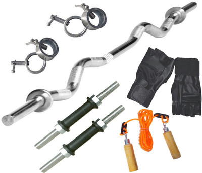 

StepInnStore SUPREME QUALITY COMBO'' 3*FT CURL ROD WITH 4 STEEL LOCKS + 2*PCS DUMBBELL ROD WITH RUBBER GRIP + 1*SET LEATHER GYM GLOVES + WOODEN SKIPPING ROPE Gym & Fitness Kit