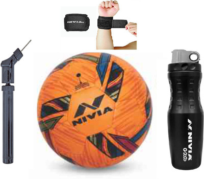 

Nivia Revolvo Orange Football + G2020 Sipper + Wrist Support + Double Action Air Pump Football Kit