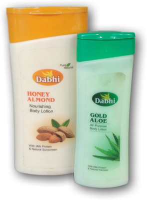 

dabhi honey and almond body lotion + gold aloe all purpose body lotion 300 ml +100 ml for men and women at promotional price(400 ml)