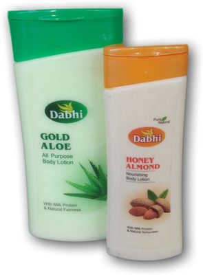 

dabhi honey and almond body lotion + gold aloe all purpose body lotion 100 ml +300 ml for men and women at promotional price(400 ml)