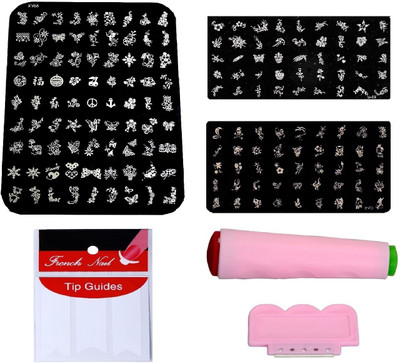 

Royalkart Nail Art Combo Kit With 2pcs Small Stamping Image Plates (TO-03,09), 1pc Large Stamping Image Plate(XY08) & French Manicure Finger Tip Guide(Multicolour)