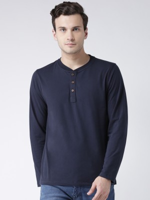 KALT Solid Men Henley Neck Blue T-Shirt