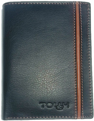 

TOUGH Men Black Genuine Leather Wallet(9 Card Slots), Black-tan
