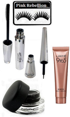 

Pink Rebellion Eyelashes & Brooke Candy Eyeliner+mascara & Lakme 9 To 5 Weightless Mousse Foundation & Gel Eyeliner(Set of 5)