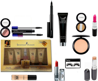 

Styling Eyelashes, Mac Stick Concealer,Compact, Candy Yum Yum Lipstick, Pro LongWear Concealer, Pen Liner, Liquid Last Liner, HautE and Naughty Waterproof Lash Double Effect Mascara, 3 Shade Eyeshadow (SET OF 2), Lakme Absolute Blue Perfect Makeup Primer,