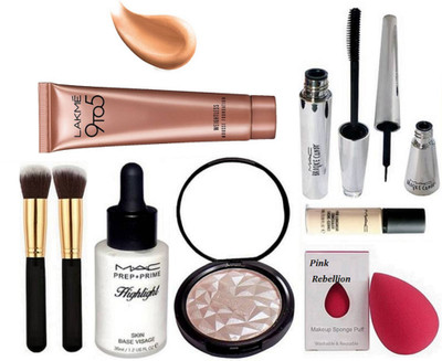 

Pink rebellion Sponge Puff & Mac Prep+Prime Highlight & Makeup Powder & Pro Long Wear Concealer & Brooke Candy Eyeliner+Mascara Lakme 9 To 5 Weightless Mousse Foundation With 1 Makeup Brush(Set of 9)
