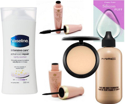 

power point Slicon Puff & Mac Face & Body Foundation & Compact & lakme 9 to 5 Eyeliner & Mascara &Vaseline intensive care advanced repair lightly scented(Set of 6)